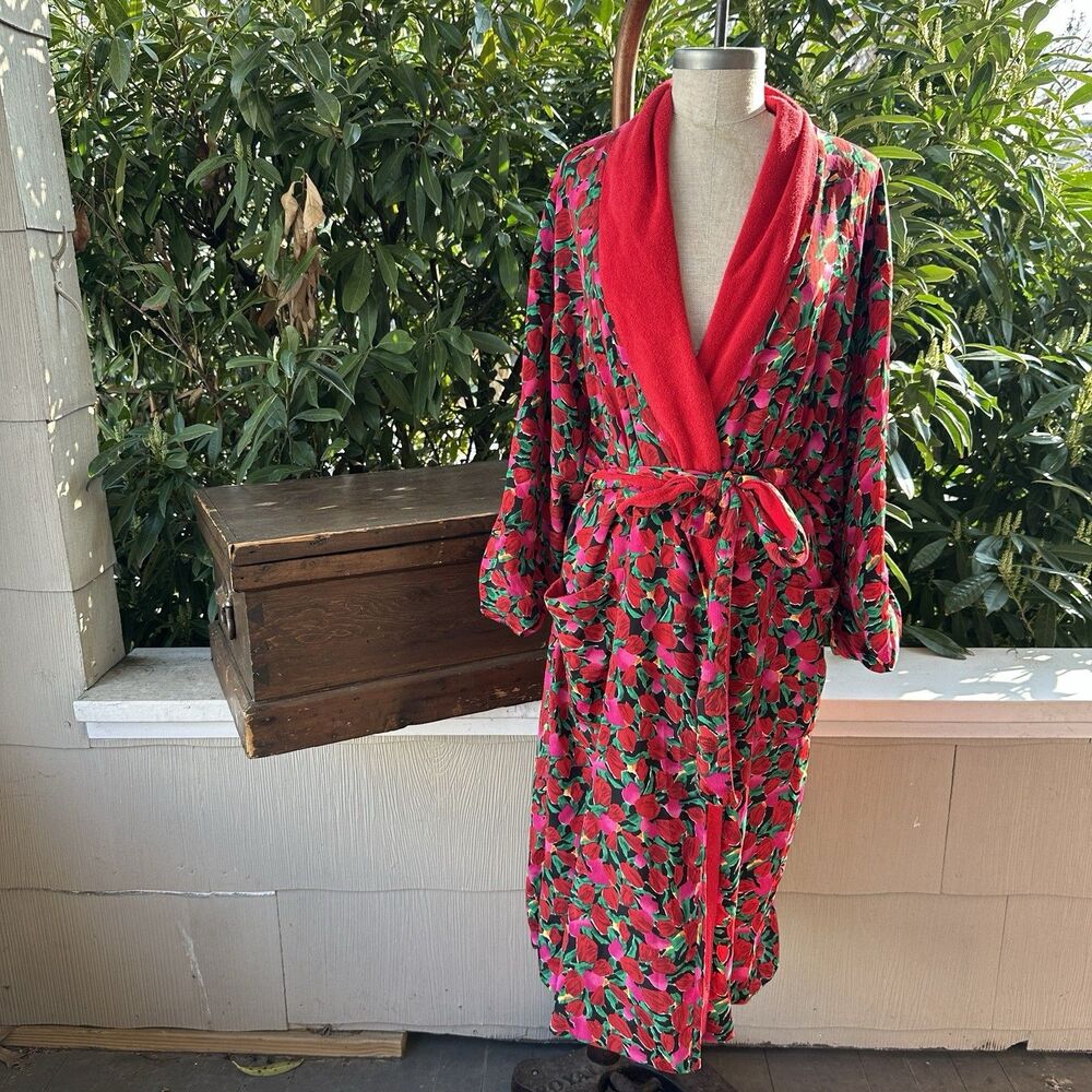 Vintage Victoria Secrets Floral Robe Belted Lounge Red Bold Print Glam Boho